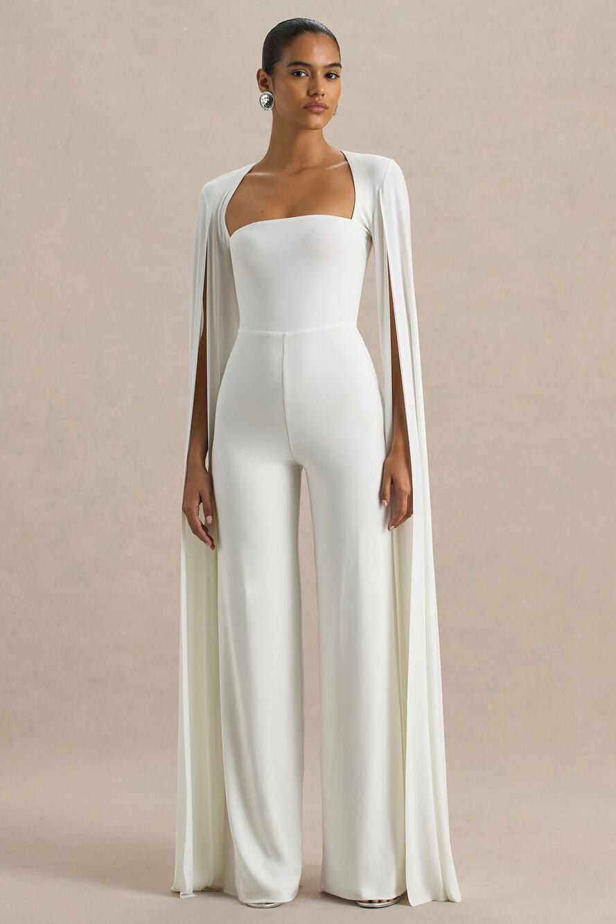 NWT Club L London Zara Square Neck Jumpsuit with Cape Sleeve White Womens US 4